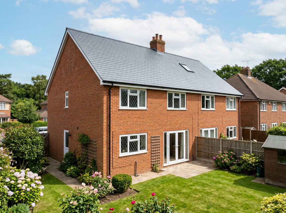 New grey slate pitched roof completed on a red brick semi-detached British home