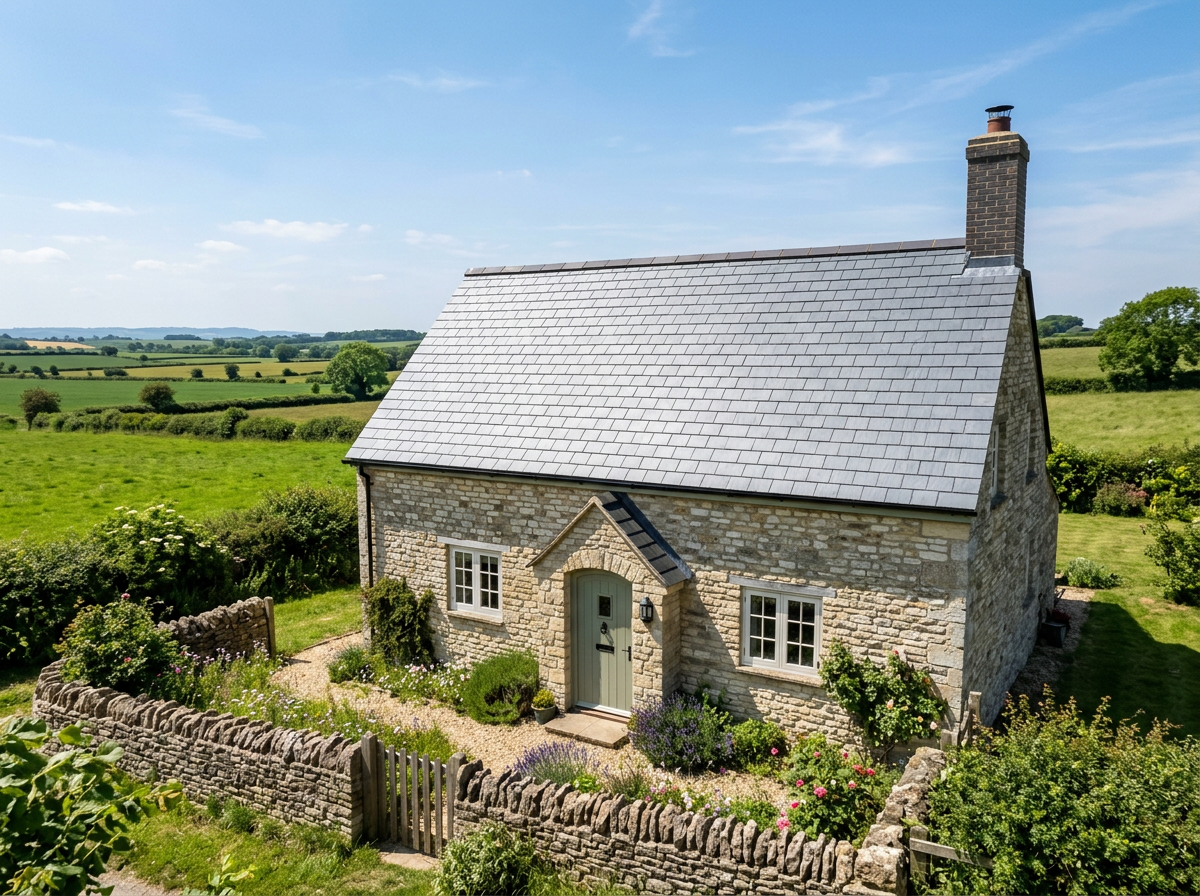 Re-roofed traditional stone cottage with new natural slate roof in the British countryside