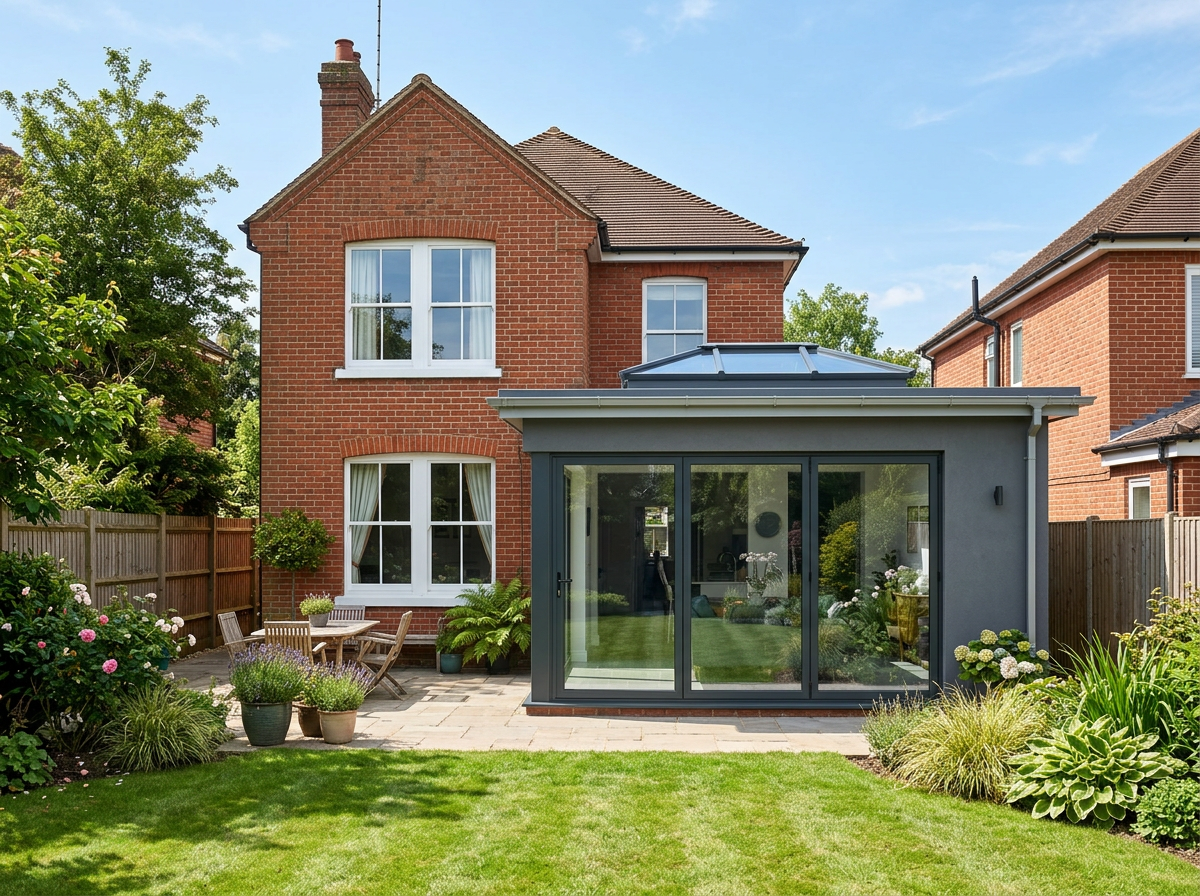 Completed flat roof on a rear house extension with bi-fold doors overlooking a garden