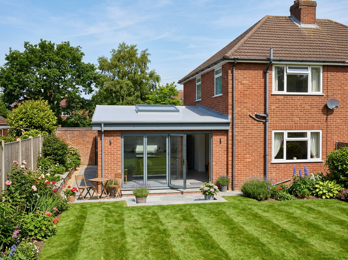 Flat roof extension with a fitted rooflight viewed from a lawned garden
