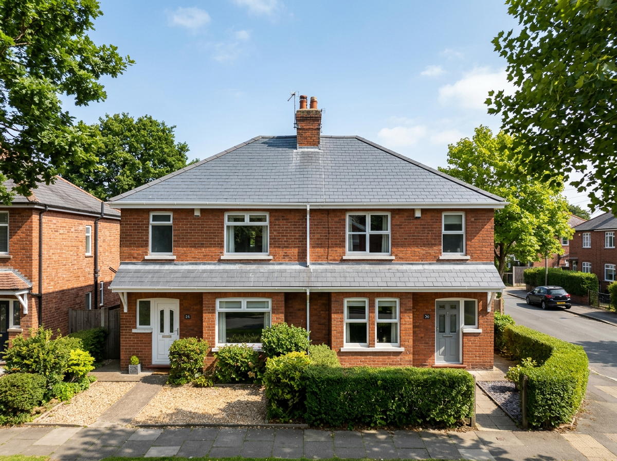 Semi-detached British house fitted with new white uPVC fascias, soffits and guttering