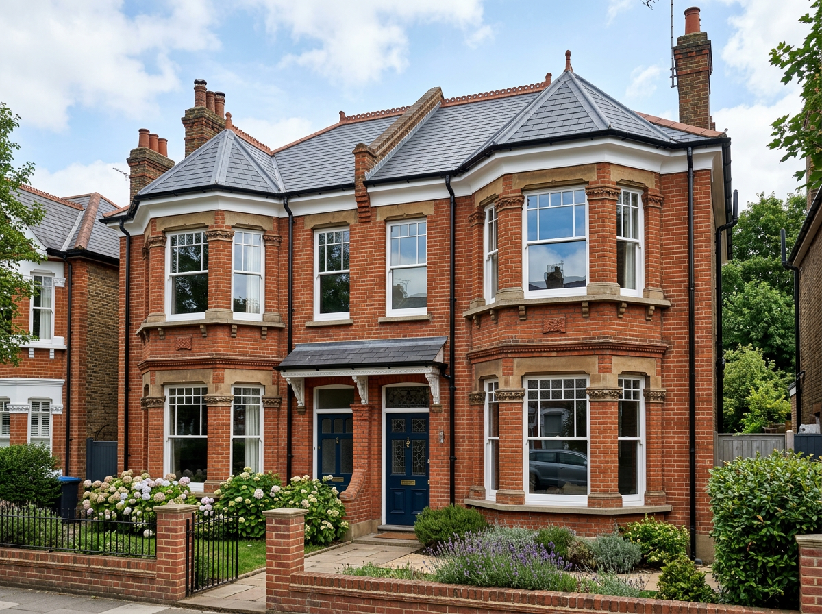 Period British property with bay windows fitted with black guttering and white fascia boards