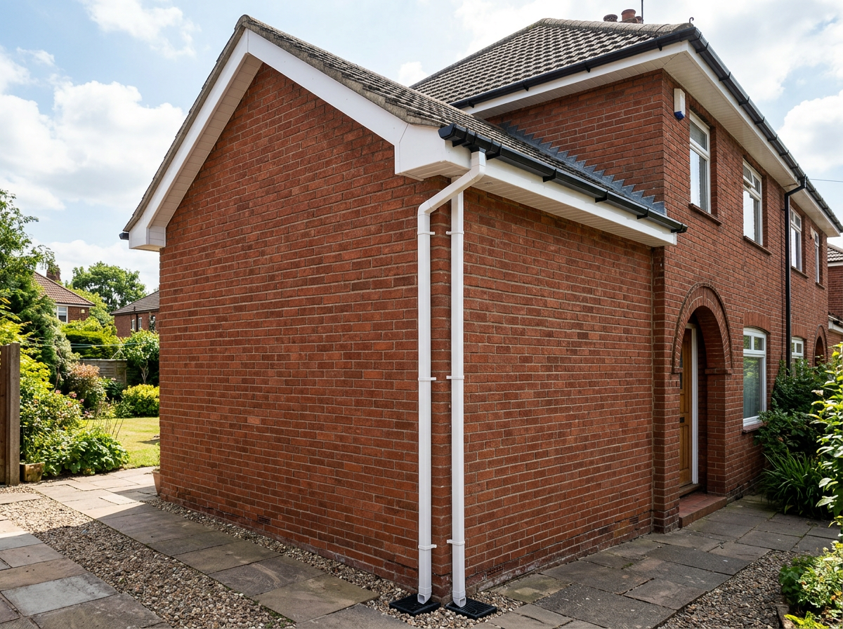 New white uPVC roofline and downpipe fitted neatly down the side wall of a house