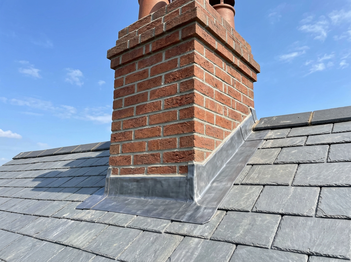 Repointed chimney stack with new lead flashing on a grey slate roof