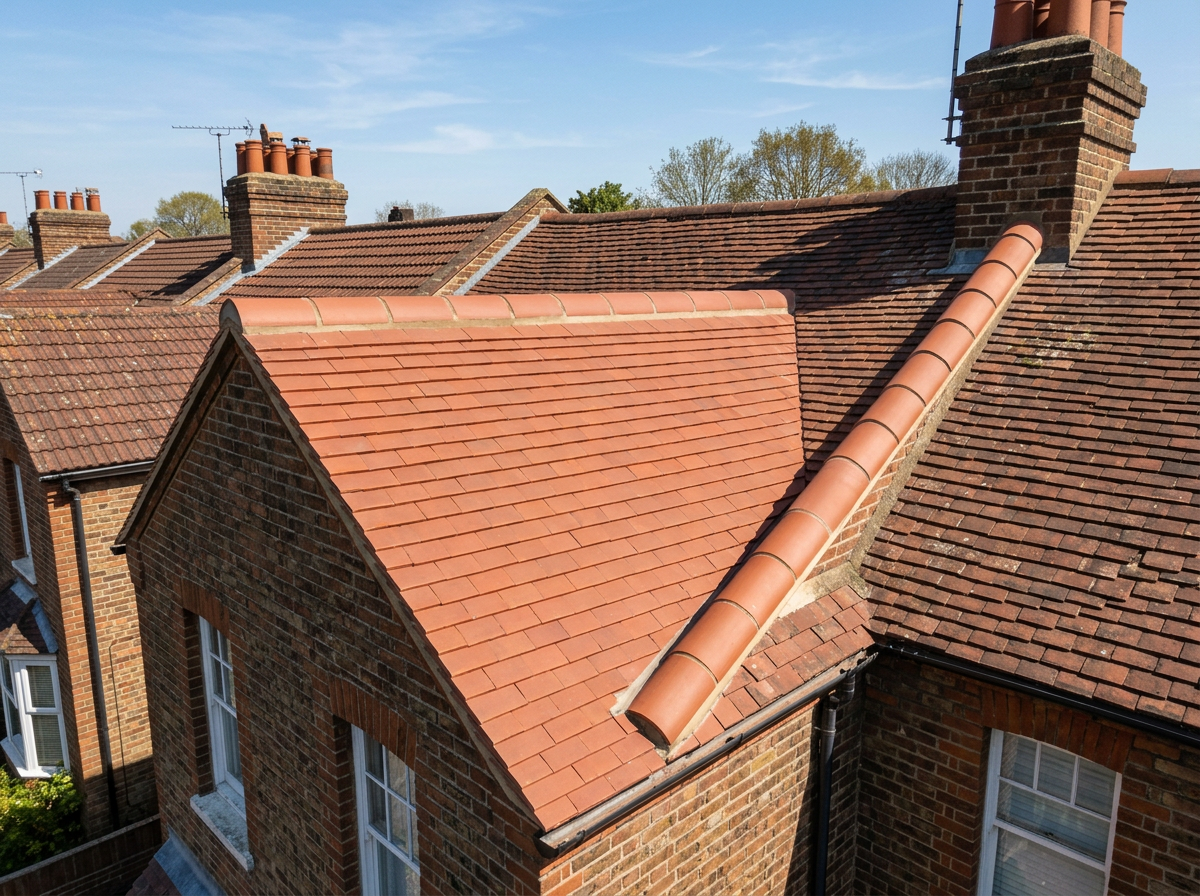 Repaired terracotta clay tiled roof with new ridge tiles on a terraced British house
