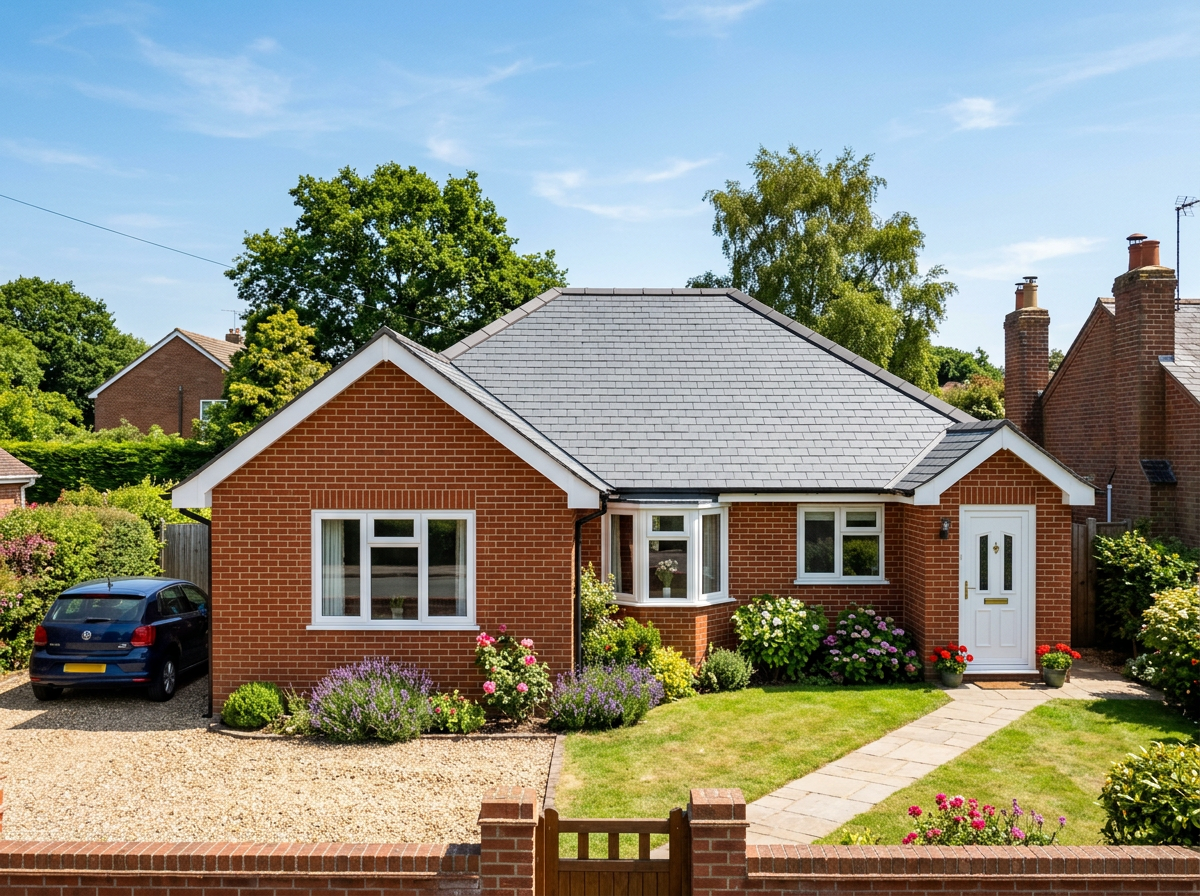 Restored bungalow roof with newly bedded ridge tiles