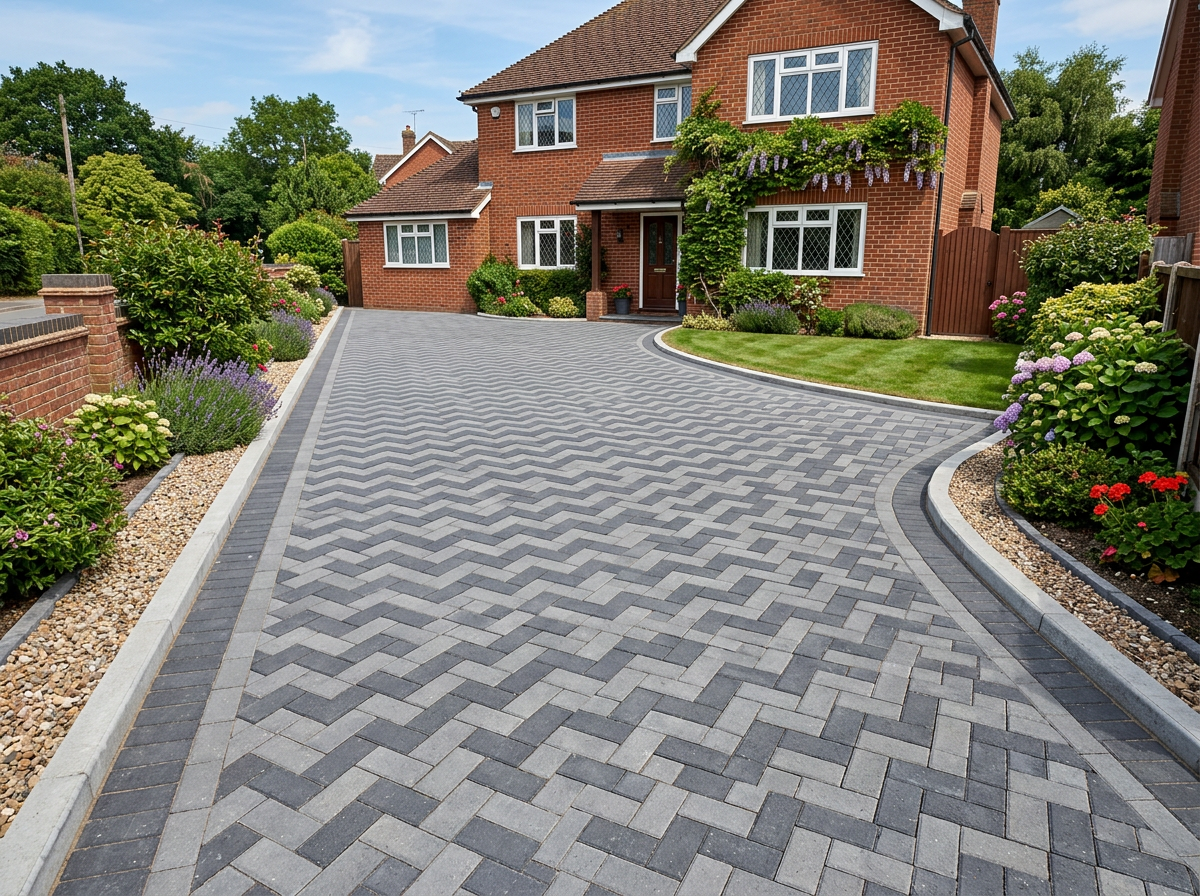 Newly laid charcoal and grey herringbone block paved driveway