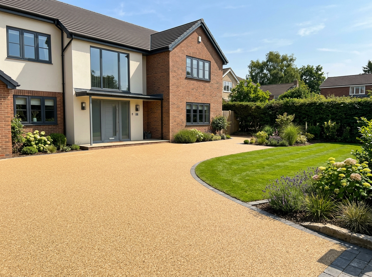Resin bound gravel driveway and matching patio at a modern British home