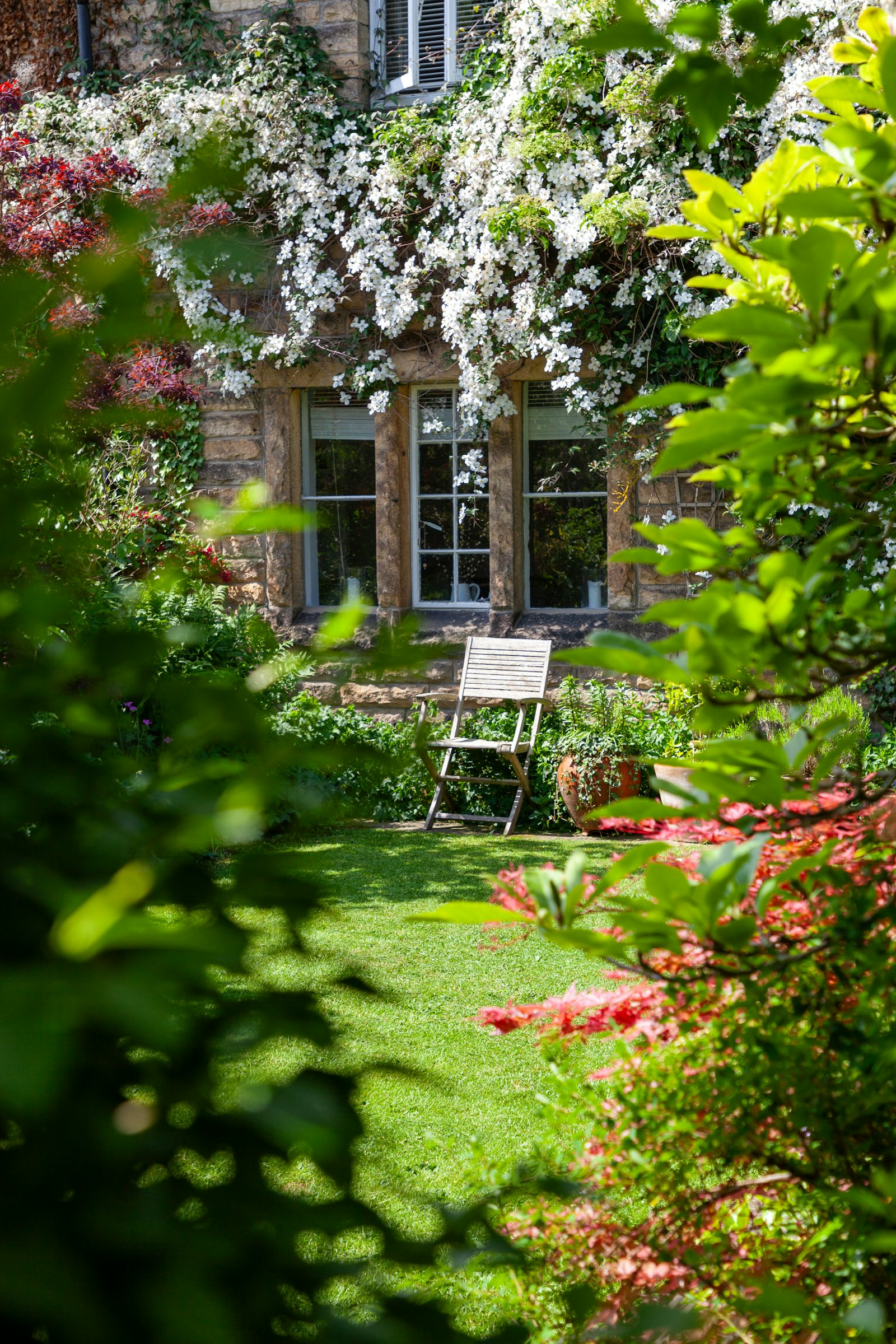 Traditional English cottage garden with dense flowering borders and lawn